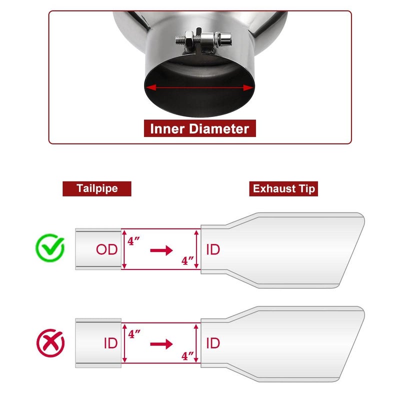 Upower 4" to 8" Exhaust Tip Mirror Polished 4 Inch Inlet 8 Inch Outlet Diesel Exhaust Tailpipe 18" Long 45 Degree Angle Cut Bolt-On Universal for Trucks Pickup Car - Image 3